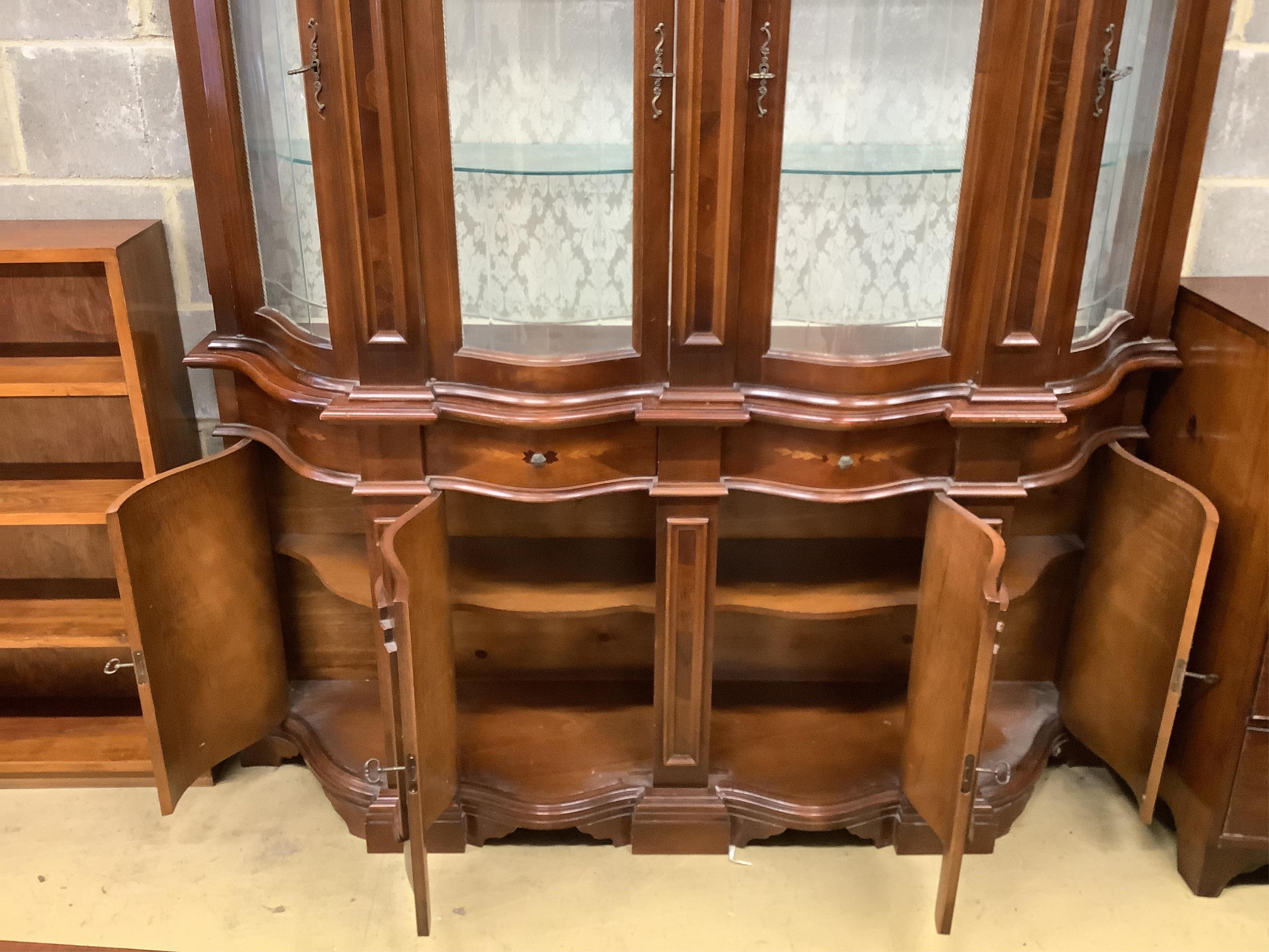 A reproduction marquetry inlaid mahogany baroque style display cabinet, width 173cm, depth 41cm, height 199cm